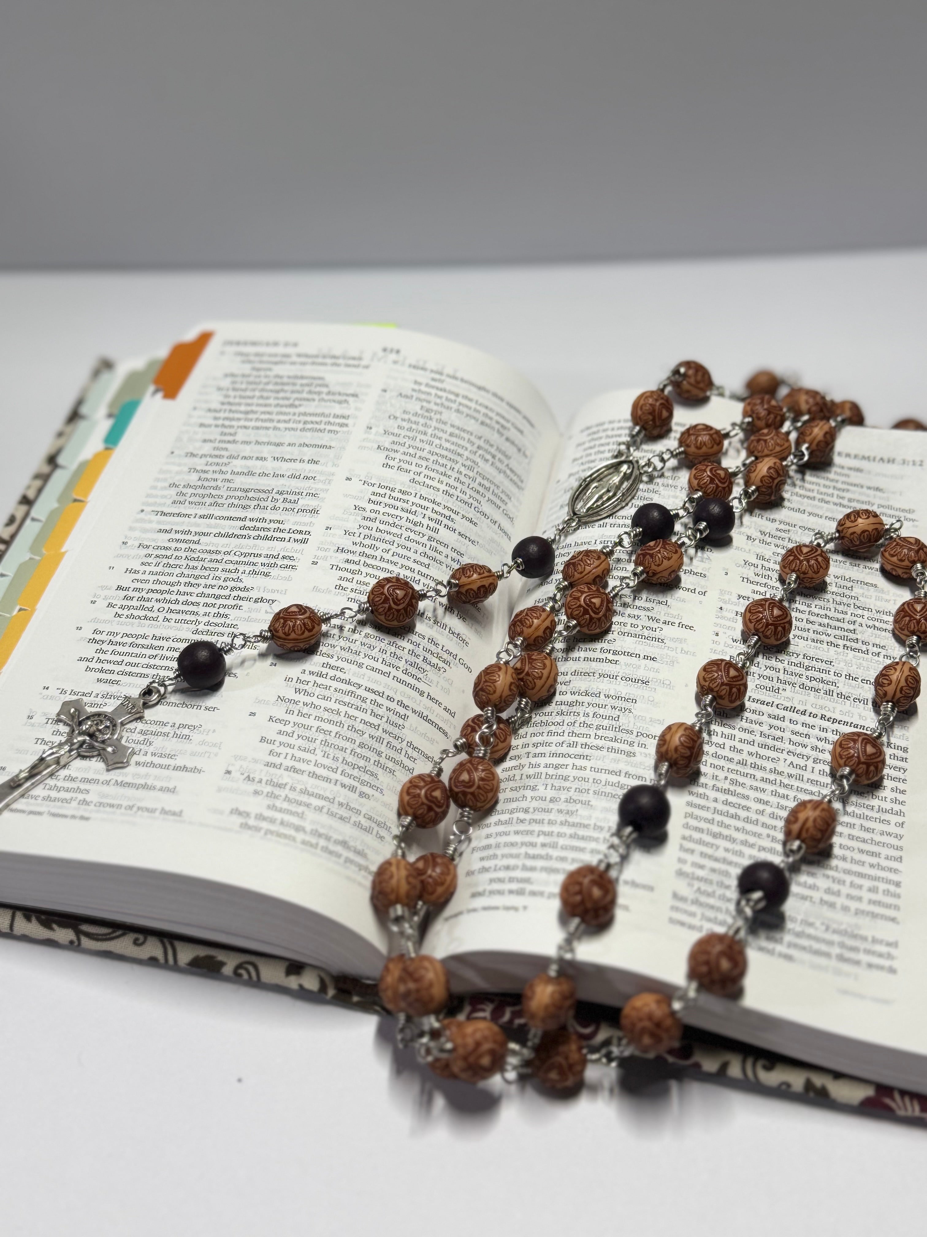 Rosary | Heart of Devotion | Engraved Brown with Dark Wooden Accent | R0015