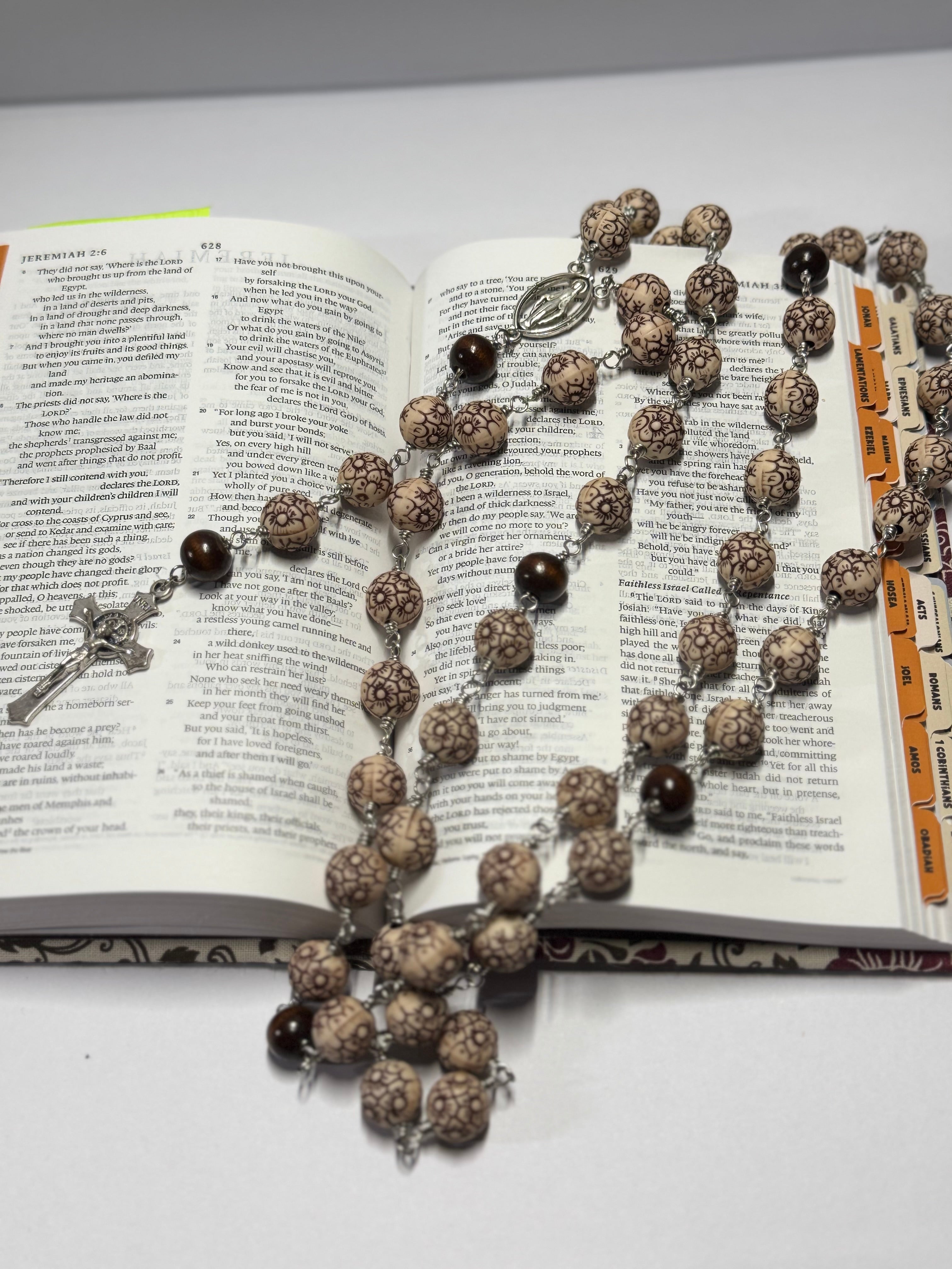 Rosary | Humble Offering | Floral Engraved Tan with Wooden Accent | R0014