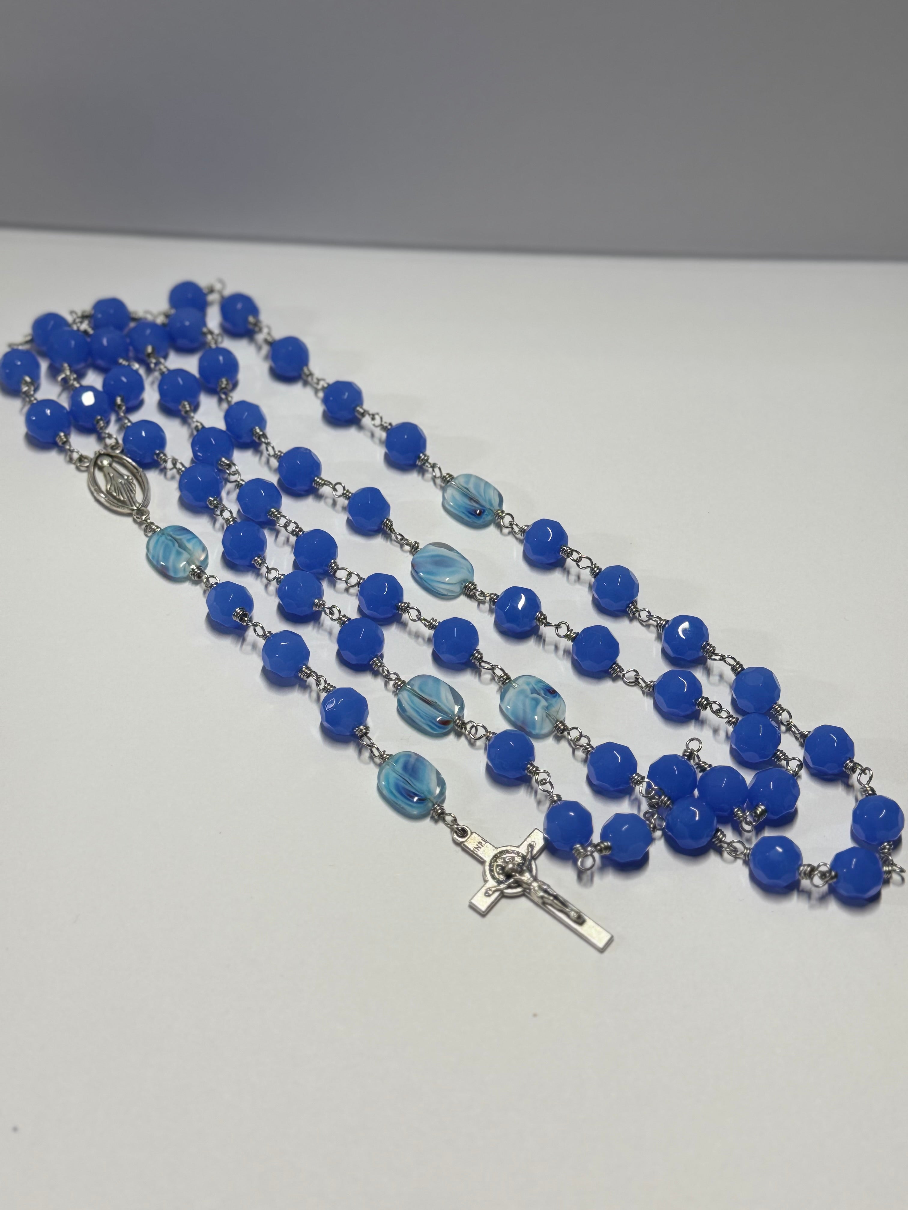 Rosary | Faceted Blue Glass and Swirl Accent  | R0001