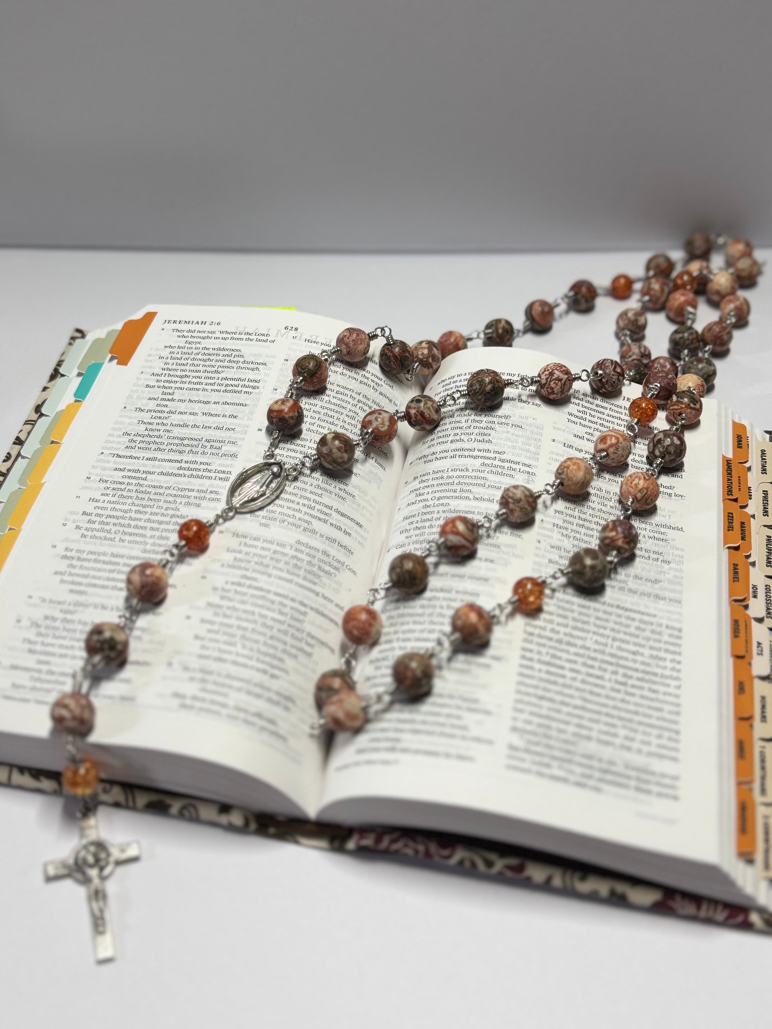 Rosary | Steadfast Spirit | Leopard Jasper & Orange Crackle Glass Accent | R0007
