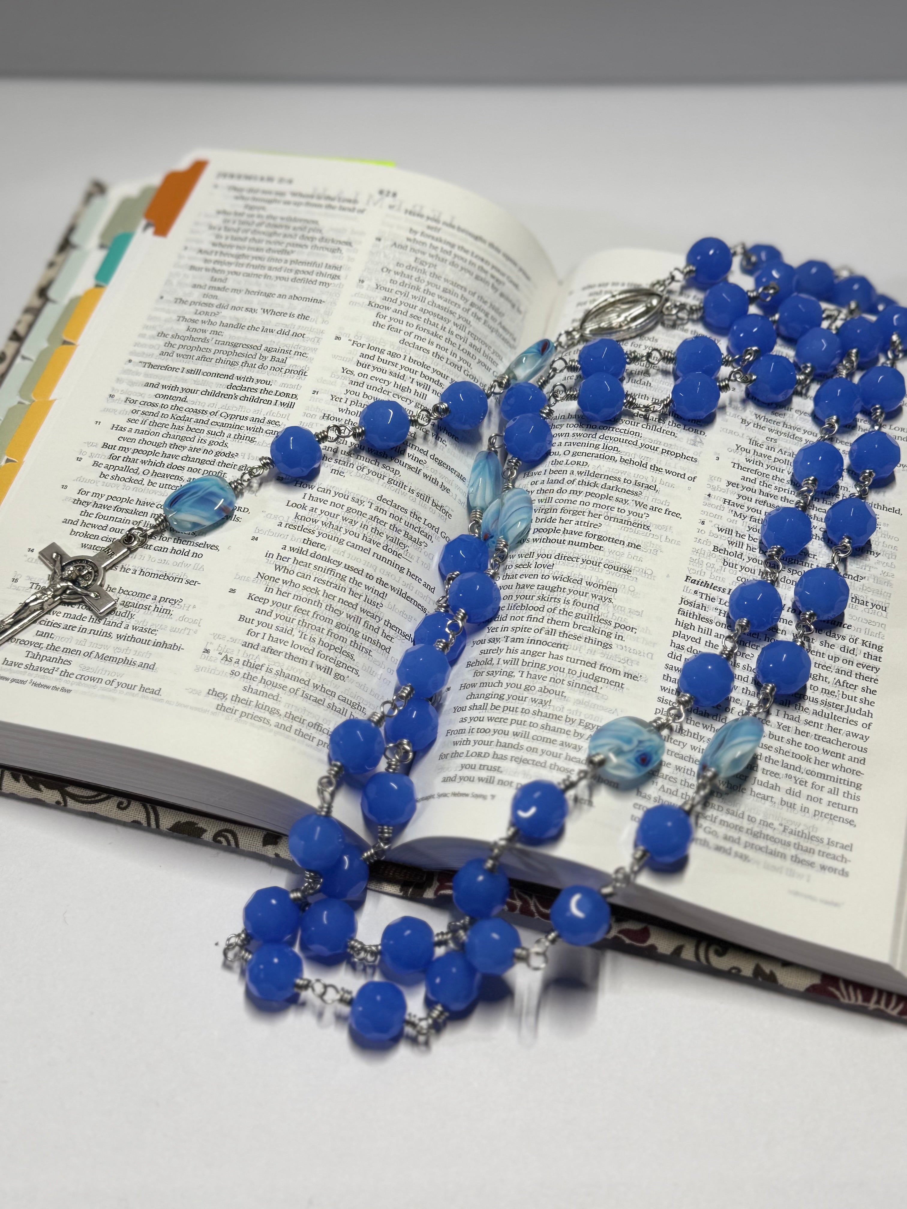 Rosary | Faceted Blue Glass and Swirl Accent  | R0001