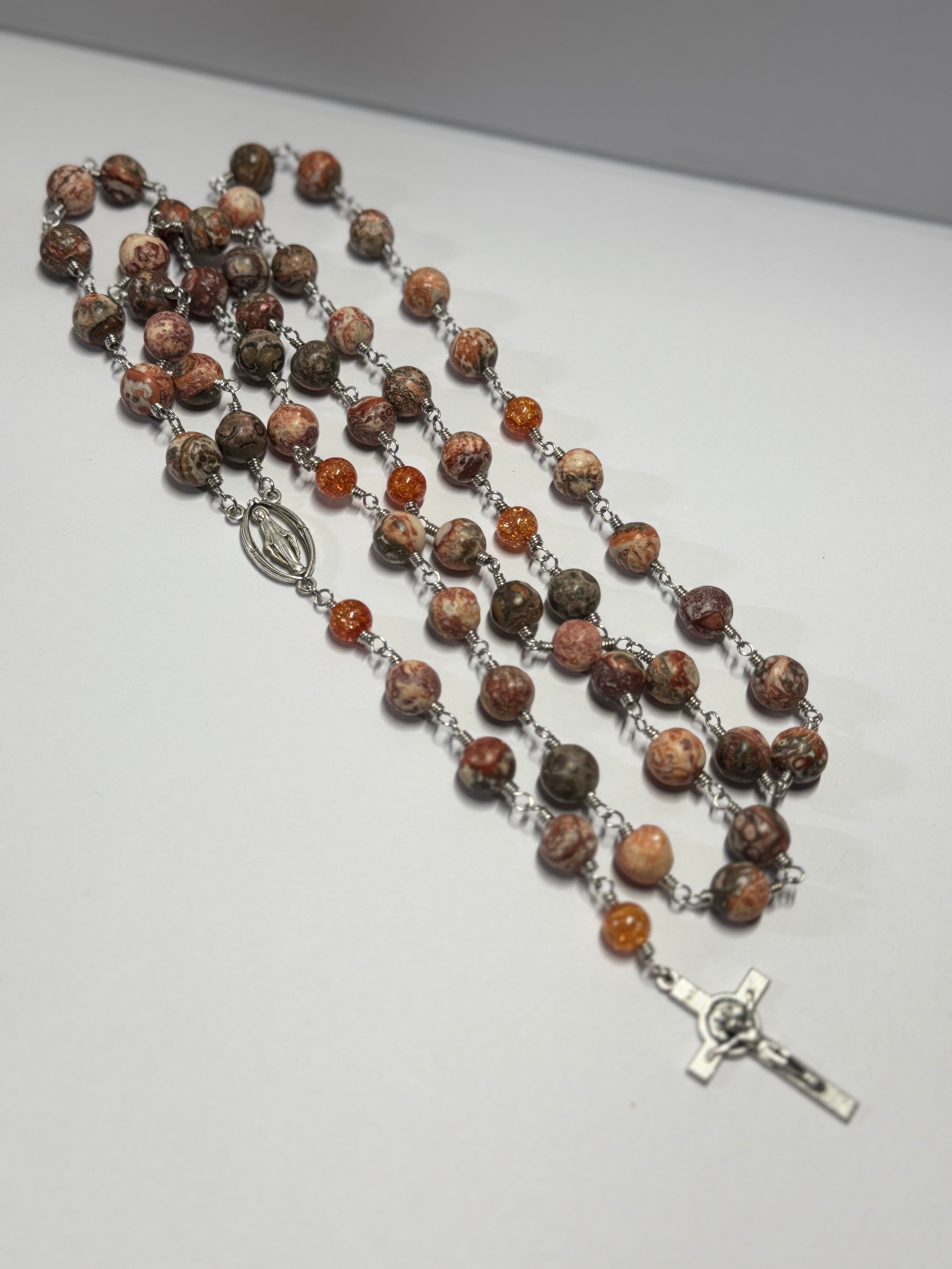 Rosary | Steadfast Spirit | Leopard Jasper & Orange Crackle Glass Accent | R0007