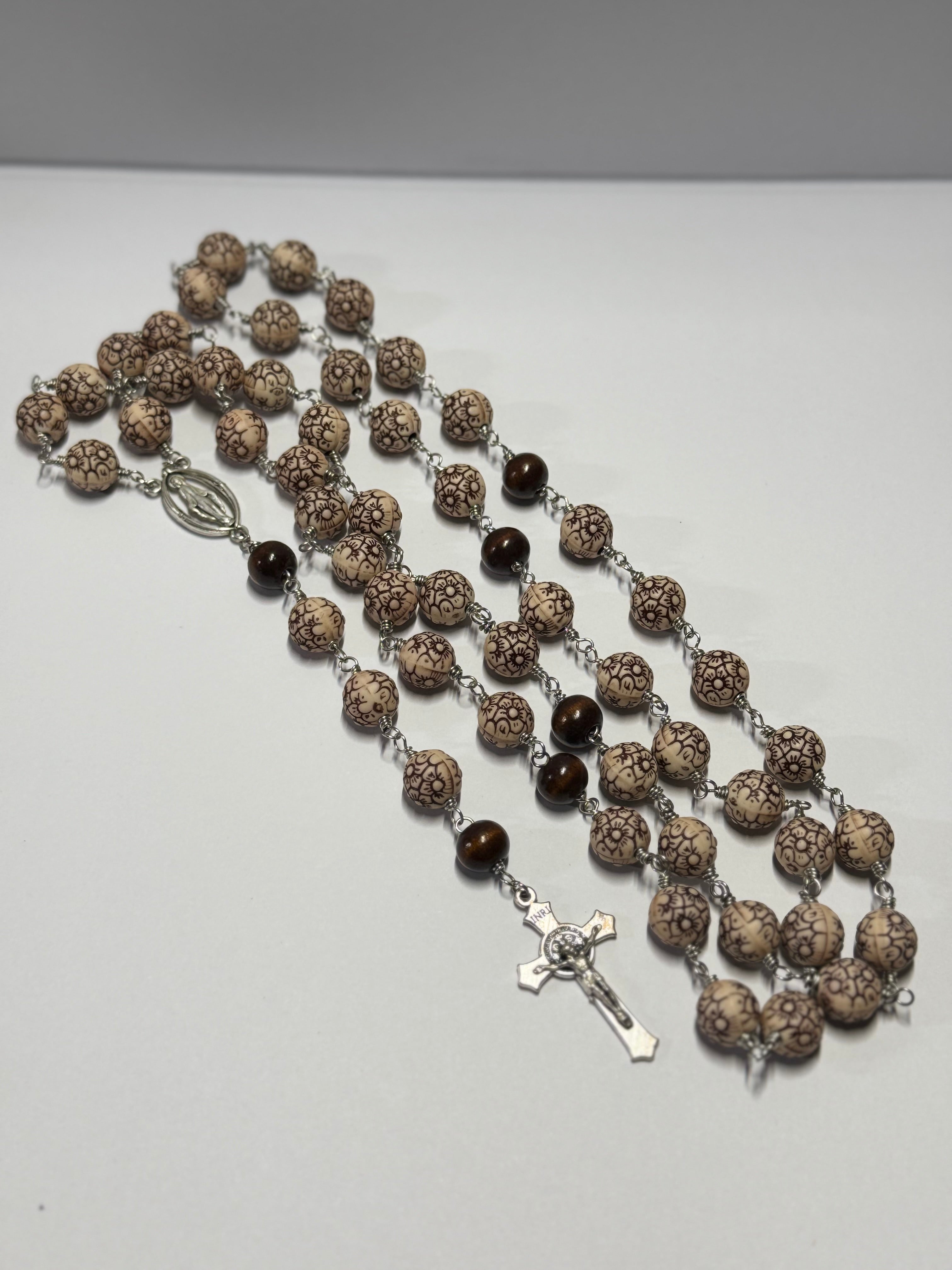Rosary | Humble Offering | Floral Engraved Tan with Wooden Accent | R0014