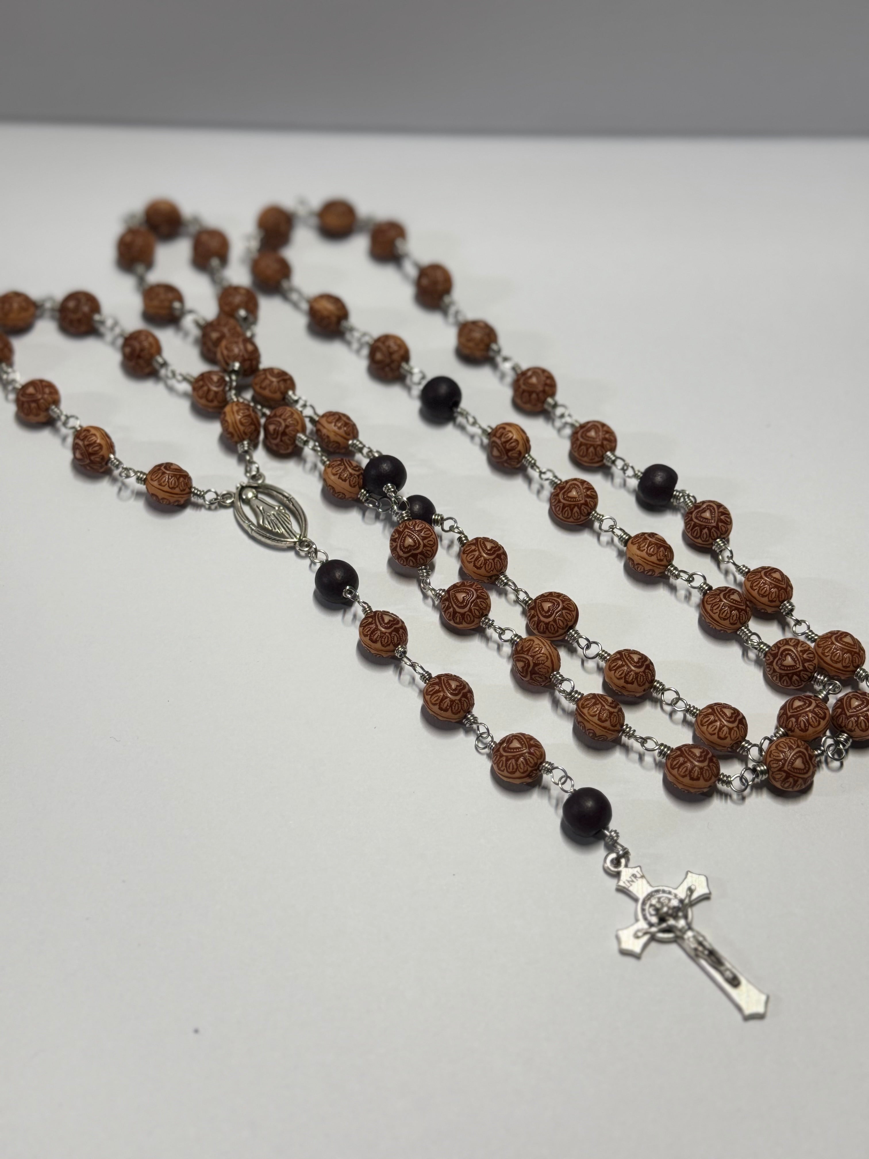 Rosary | Heart of Devotion | Engraved Brown with Dark Wooden Accent | R0015