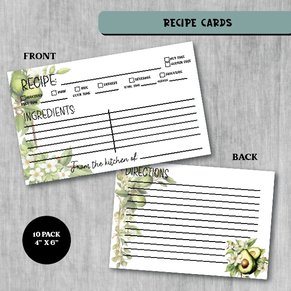 Recipe Cards | 4x6 | 10 Pack | Avocado | RC-302