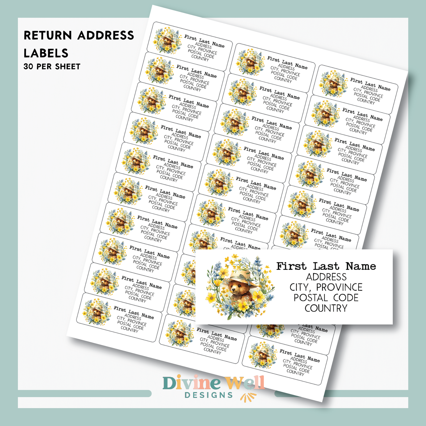 0284 - Teddy in Blooms - Custom Return Address Labels