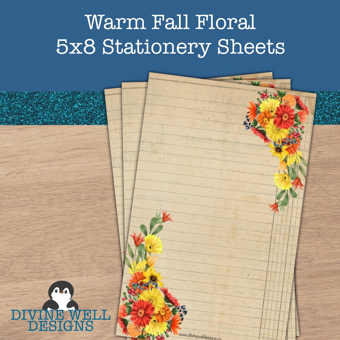 0151 - Warm Fall Florals - Half Letter Writing Stationery Paper
